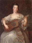unknow artist Portrait of a young lady,three-quarter length,wearing a floral and ivory lace-trimmed dress,playing the guitar china oil painting artist